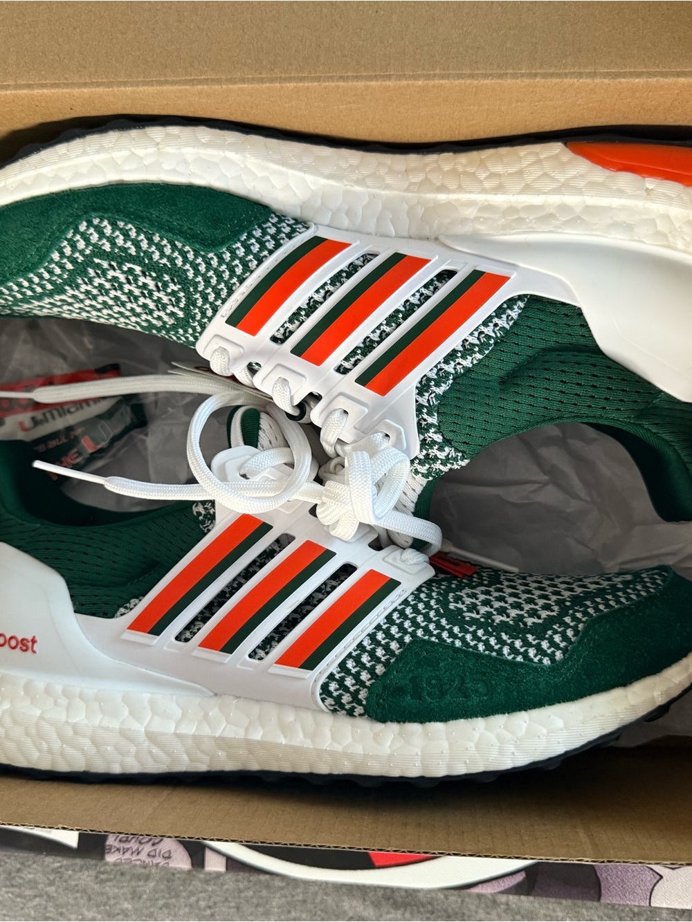 Adidas Ultra Boost 1.0 “Miami” Green Knit Sneakers with White & Orange Stripes